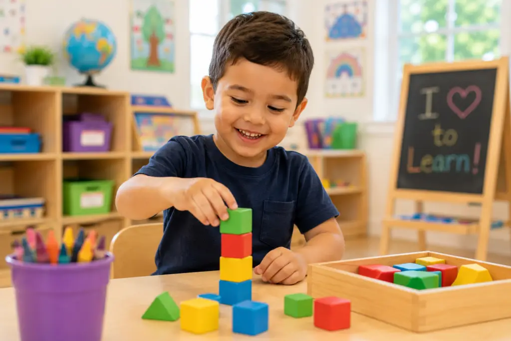 Three-year-old child building a colorful block tower during a hands-on learning activity in a bright preschool classroom