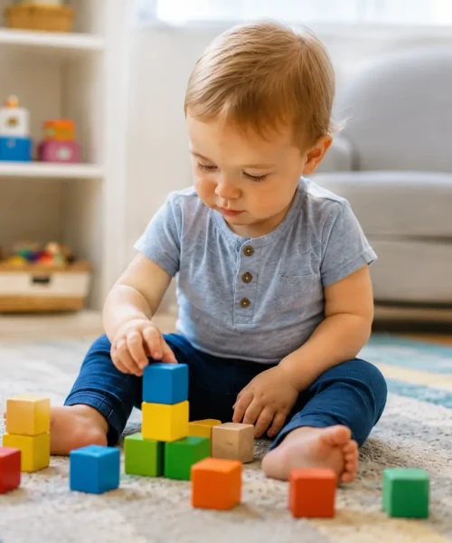 One-year-old child building with colorful blocks in a bright, cozy preschool classroom