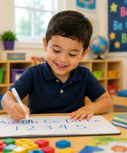 Pre-K child practicing letters and numbers in a bright, engaging preschool classroom