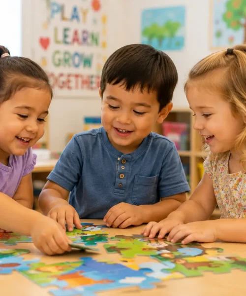 Three preschool children working together on a colorful puzzle during a collaborative learning activity in a bright classroom